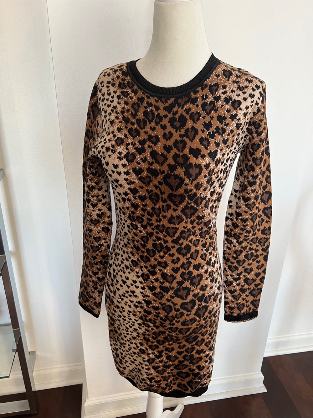 RED Valentino Leopard-Print Long Sleeve Knit Dress in Brown and Black